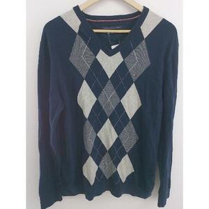 ◇ TOMMY HILFIGER トミーヒルフィガー アーガイル柄 長袖 コットン ニット セーター サイズL ネイビー グレー系 メンズ P