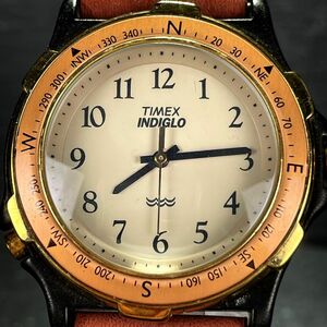 美品 TIMEX タイメックス INDIGLO インディグロ 376 MA CELL 腕時計 アナログ クオーツ 3針 アイボリー文字盤 レザーベルト ブラウン