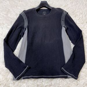 良品 アルマーニエクスチェンジ A/X ブラックカラー ワッフルロングスリーブT XLサイズ 黒 肩ロゴ ロンT 大きいサイズ ARMANI EXCHANGE