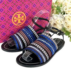 ☆美品☆ TORY BURCH トリーバーチ サンダル ミュール ストラップ 22cm 編み込み レーズ MIXED TRIMS FLAT SANDAL 黒 ブラック ブルー