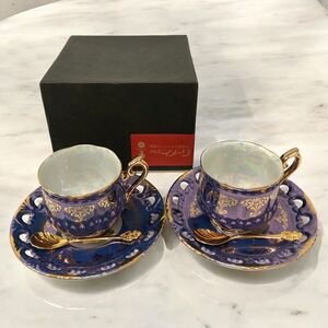 ●I0113D 大橋陶器 OHASHI CHINA カップ&ソーサー 2客セット カップ&ソーサー ウェッジウッド チャイナ 1932 パープル ティースプーン付き