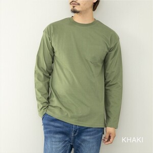 【即落送料込】KHAKI Size:LL ゆったりシルエットのロングTシャツ 長袖 ジャケット、コートのインナーもCool！ピーチスキン生地 綿100%