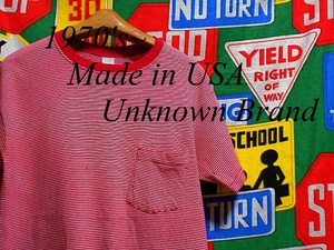 ★程よいダメージ感が◎な1枚★Made in USA製アメリカ製ビンテージ細ピッチボーダーポケットTシャツ70s70年代四角形ステッチ耳無しM綿100%