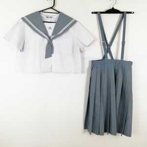 1円 セーラー服 スカート 上下2点セット LL 大きいサイズ 夏物 白2本線 女子 学生服 鹿児島城西中学 白 制服 中古 ランクC NA9601