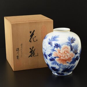 ◎529350 美品 深川製磁 染錦牡丹 花瓶 美術有田焼宮内庁御用達花生花器