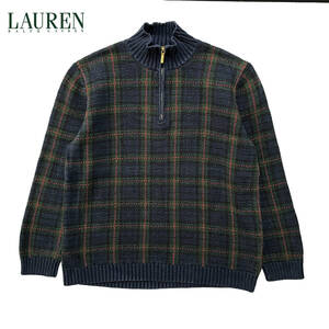 USA 古着 LAUREN RALPH LAUREN ローレン ラルフローレン コットンニット ハーフジップ セーター ウィメンズL チェック柄 中古 BJ0714