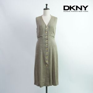 DKNY ダナキャランニューヨーク リネン フロントボタン ノースリーブミモレ丈ワンピース レディース ベージュ サイズ2*PC279