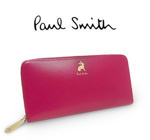 【未使用 超美品】 ポールスミス Paul Smith ランドファスナー長財布 レザー 本革 ピンク レッド ゴールド ワンポイントラビット柄 大容量