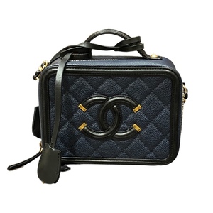 シャネル CHANEL CCフィリングリースモールバニティバッグ A93342 ネイビー キャビアスキン ショルダーバッグ レディース 中古