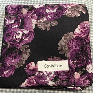 Calvin kleim カルバン クライン シルク混 大判 ハンカチ 薔薇 花柄 ブラック ミニスカーフにも 新品