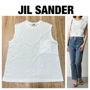 【送料360円】美品 JILSANDER ジルサンダー 綿100% コットンジャージーサイズ ノースリーブシャツ カットソー 胸ポケ 白 レディース R-4010