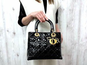 極美品 Christian Dior クリスチャン ディオール レディディオール カナージュ ハンドバッグ トートバッグ バッグ パテントレザー 黒 73083