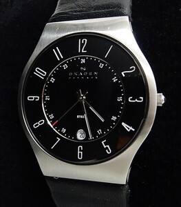 【中古動作品】★SKAGEN スカーゲン 233XXLSLB 3針 デイト クォーツ メンズ腕時計 黒文字盤 JAPAN MOV