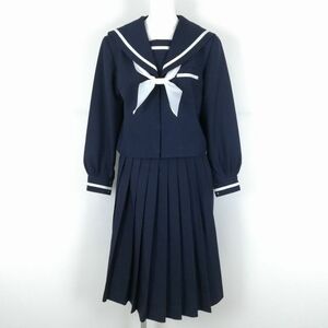 1円 セーラー服 スカート スカーフ 上下3点セット 大きいサイズ 富士ヨット 冬物 白1本線 女子 学生服 大浜中学 紺 中古 ランクC NA7179