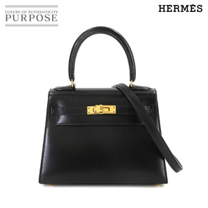 エルメス HERMES ミニケリー 20 2way ハンド ショルダー バッグ ボックスカーフ ブラック 外縫い □B刻印 ゴールド 金具 90244070