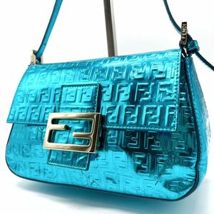 1円『極上希少品』FENDI フェンディ マンマバケット ハンドバッグ トート FF金具 ズッカ柄 シルバー金具 レザー メタリックブルー 