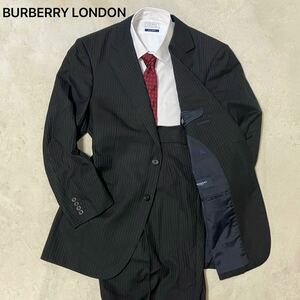 1円~ 【希少XLサイズ！！】 極上シルク混合 BURBERRY LONDON バーバリーロンドン スーツ セットアップ ストライプ ブラック 裏地ホースロゴ