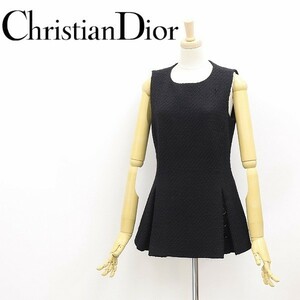 国内正規品◆Christian Dior クリスチャン ディオール ウール ツイード タック ノースリーブ チュニック トップス 黒 ブラック 42