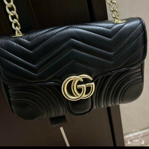 【未使用級/美品】GUCCI/グッチ　GGマーモントキルティングスモールショルダーバッグ チェーンショルダー　ブラック