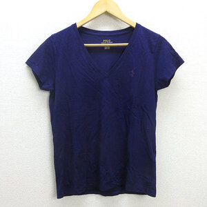 H■ポロラルフローレン/POLO Ralph Loren 胸ロゴ刺繍 VネックTシャツ【M】紫/LADIES■105【中古】