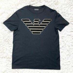 極美品 エンポリオアルマーニ【圧倒的存在感】EMPORIO ARMANI 半袖Tシャツ カットソー デカロゴ ビッグエンブレム 黒 Mサイズ コットン 