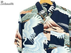 arohawaii86◆AH-3363 L【和柄 鶴/ブラック】半袖シャツ/夏/ヴィンテージ/アロハシャツ/柄シャツ