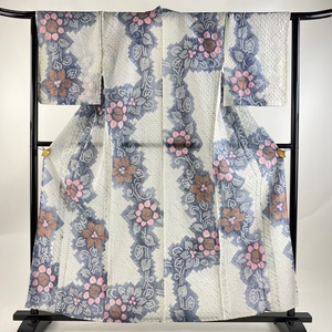 浴衣 身丈159.5cm 裄丈64.5cm M 絞り浴衣 花唐草 白 綿 美品 名品 【中古】