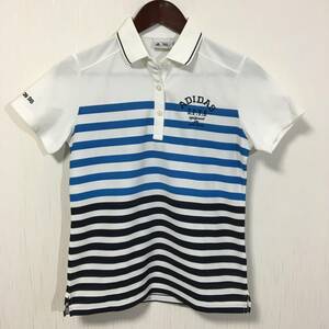 ☆美品☆ adidasGOLF アディダスゴルフ ドライポロシャツ 白×青 ボーダー レディースMサイズ ゴルフウェア　【YP-3766】