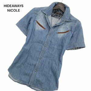 HIDEAWAYS NICOLE ハイダウェイ ニコル 春夏 USED加工★ 襟ワイヤー 半袖 ウエスタン デニム シャツ Sz.46　メンズ　C4T03332_4#A