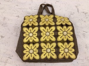 オールド レトロ モード 花柄 グラニースクエア 編み 刺繍 ナイロン系糸使用 手提げ ハンドバッグ カバン レディース 黄色系