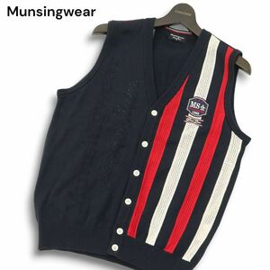 Munsingwear マンシングウェア ゴルフ 秋冬 透かしロゴ ストライプ切替★ ニット ベスト Sz.M　メンズ ネイビー 日本製　A4T11576_B#K