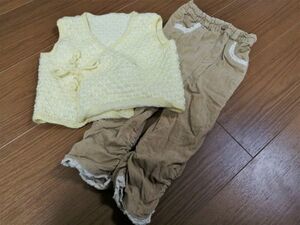 jjyk8-197 ■ ベスト パンツ ■ 女の子 キッズ ベビー 2点セット ニット ボトムス 手編み ハンドメイド 90