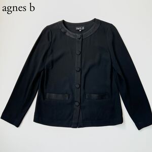 美品 agnes b. アニエスベー ノーカラージャケット カーディガン　薄手 トップス　長袖　羽織 ブラック　38 レディース