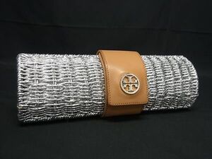 TORY BURCH トリーバーチ ストロー×レザー パーティーバッグ クラッチバッグ レディース シルバー系×ブラウン系 DG0645