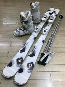 ☆★☆2025スタートセール！レディース４点セットN351　美品　板 SALOMON WHITE151cm/ 靴 SALOMON QUEST60W 24-24.5cm/ POLE新品105cm 