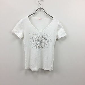 ELLE /エル 半袖 VネックTシャツ スパンコール コットン ホワイト サイズ40 レディース