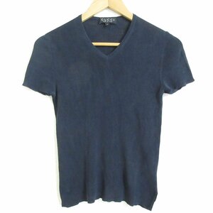 美品 GUCCI グッチ 1998年製 トムフォード期 シルク100％ Vネック 半袖 Tシャツ カットソー S ネイビー