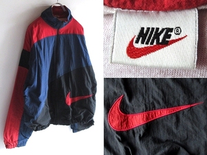 希少 90sビンテージ NIKE ナイキ スウォッシュロゴ ハイネック ウインドブレーカー ナイロンジャケット L-XL程度 レッド ブルー ブラック