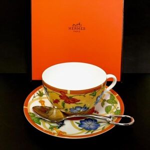 仙13 HERMES La Siesta カップ＆ソーサー スプーン セット 箱付き エルメス シエスタ デミタスカップ 花柄 洋食器 インテリア 陶器