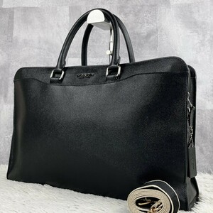 極美品 COACH コーチ ベケット 2WAY ビジネスバッグ ブリーフケース トート ショルダー 斜めがけ 肩掛け オールレザー ロゴ型押し A4 黒 