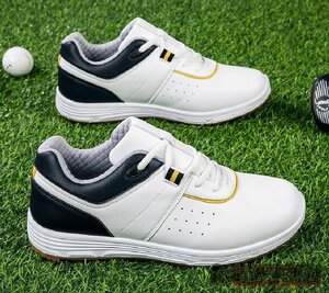 新品特売■ゴルフシューズ Golf shoes メンズ 紳士 スニーカー スポーツシューズ 運動靴 グラデーション 幅広 防滑 耐磨 撥水 白/黄 27.0cm