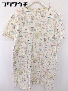 ◇ Dot&Stripes CHILDWOMAN バックジップ 総柄 プリント 五分袖 膝丈 ワンピース サイズF アイボリー マルチ レディース