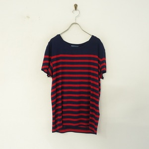 //ラルフローレン Ralph Lauren*レーヨン天竺パネルボーダーTシャツ*Mネイビー×レッドジャージラウンドネック(2-2403-174)【62C42】