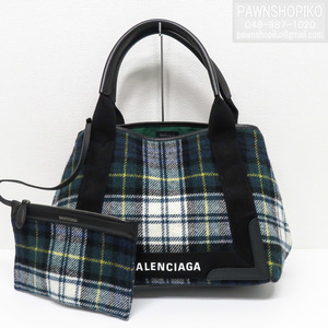 バレンシアガ BALENCIAGA NAVY CABAS S／ネイビー カバス S トートバッグ 339933 ウール×レザー チェック 美品 [質イコー]