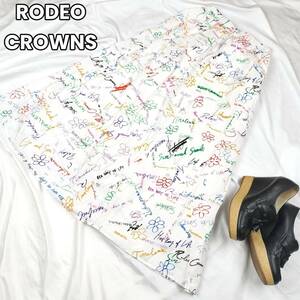 花柄＆カラフルテキスト★　ロデオクラウンズ RODEO CROWNS　ロングスカート 総柄 花柄 フレア ロゴ 新品未使用　白　フリーサイズ