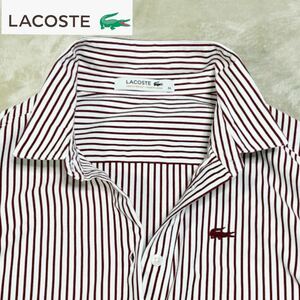 超美品 日本製LACOSTEレディース 鹿の子地シャツ 希少34長袖 ボルドーストライプ/ストレッチゴルフ スポーツ(株)ラコステジャパン送料無料