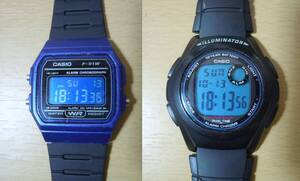 チープカシオ　CASIO F-91W-1JH （ベゼルブルー・液晶反転ブルー・夜光）と　CASIO F200(液晶ブルー・夜光)　合計2本