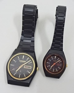 773▽CITIZEN/シチズン QUARTZ/クォーツ 逆輸入 スペイン ブラック デイデイト 腕時計 ペア 3801-899881SMK＋3600-899431SMT ジャンク/不動