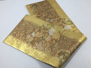 和装　六通柄　袋帯　ゴールド系　　更紗蒔絵文様　牡丹　菊　巾約３１㎝・長さ約４３０㎝　中古　TH1.003