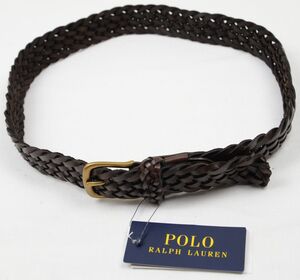 ●POLO RALPHLAURENポロラルフローレン牛革メッシュベルト(茶,32(81)（実質～88cm))新品